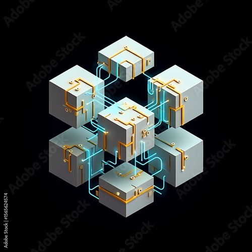 Gray Cubes Networked Gold Wiring Blue Connections Dark Background