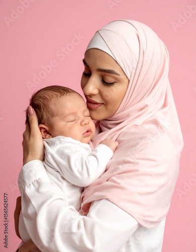 A tender moment of a mother cradling her newborn baby, filled with love and affection. Both are dressed in white, with the mother wearing a headscarf