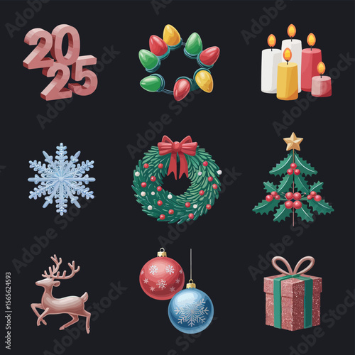 vector Happy New Year Celebrating 2025 in Latin letters , Christmas Decoration Items Santa Claus
