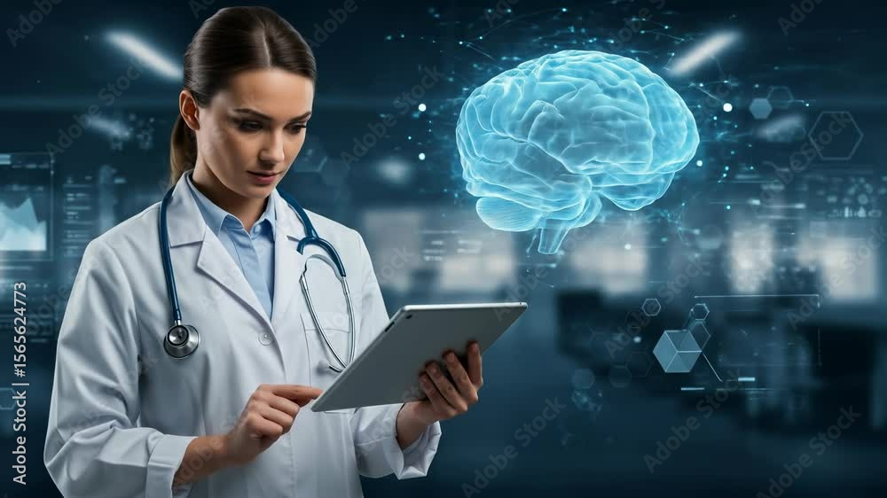 Neuroscience Expert: Woman Doctor in her 30s analyzing virtual brain data using digital tablet in a modern medical environment, pushing research and innovation.
