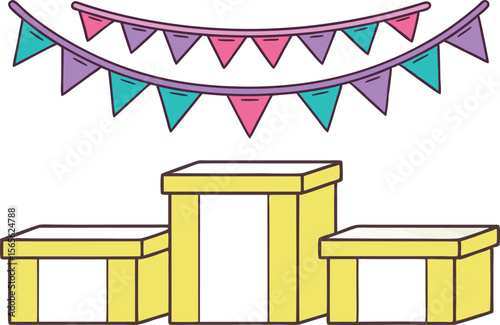 Celebration podium with cute party flags victory celebration winner concept vector illustration