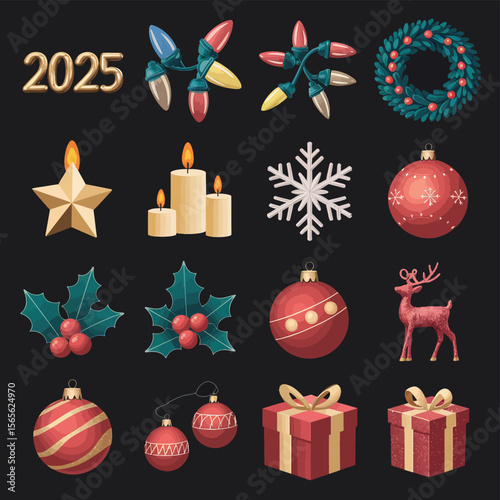 vector Happy New Year Celebrating 2025 in Latin letters , Christmas Decoration Items Santa Claus
