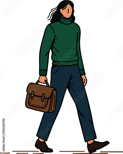Woman walking with briefcase in green turtleneck sweater and navy pants vector illustration 