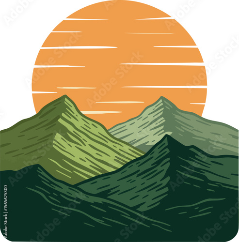 Mountain landscape vector with green hills and orange sun background design 
