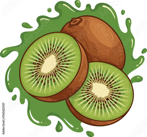 Kiwi fruit with green juice splash fresh healthy tropical fruit vector illustration 
