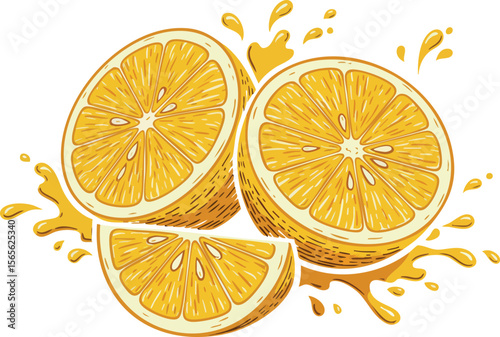 Orange fruit slices with juice splash fresh citrus illustration vector 