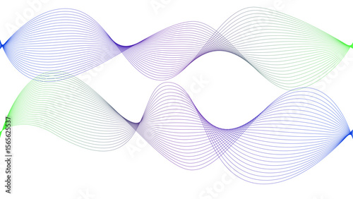 Vector curvy abstract line art wavy flowing dynamic colorful lines white background in concept music or sound, wave, wind, information flow	