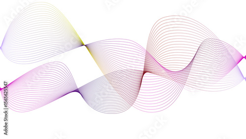 Vector curvy abstract line art wavy flowing dynamic colorful lines white background in concept music or sound, wave, wind, information flow	