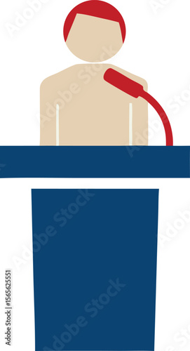 Representation of speaker on podium addressing crowd with microphone usage vector illustration