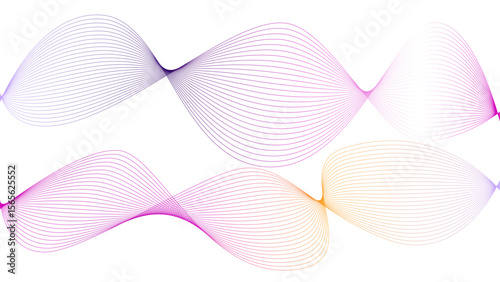 Vector curvy abstract line art wavy flowing dynamic colorful lines white background in concept music or sound, wave, wind, information flow	