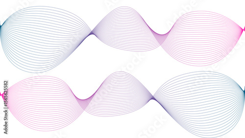Vector curvy abstract line art wavy flowing dynamic colorful lines white background in concept music or sound, wave, wind, information flow	