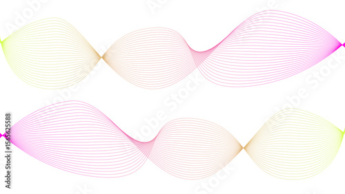 Vector curvy abstract line art wavy flowing dynamic colorful lines white background in concept music or sound, wave, wind, information flow	