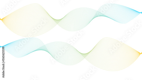 Vector curvy abstract line art wavy flowing dynamic colorful lines white background in concept music or sound, wave, wind, information flow	