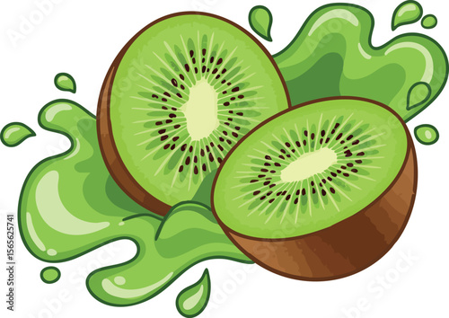 Kiwi fruit halves with green juice splash vector illustration for fresh healthy food design 