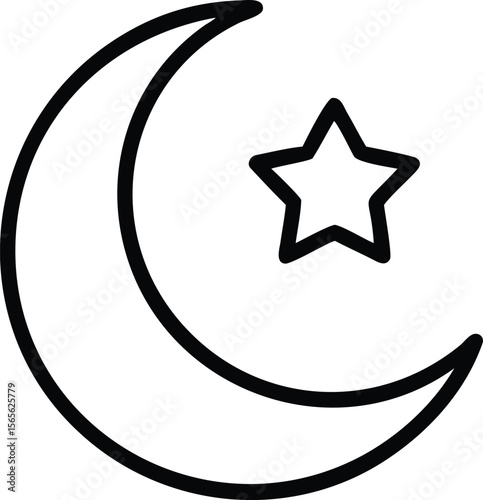 Crescent moon and star outline illustration for designs and islamic themes