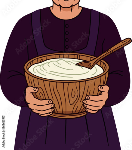 Woman holding wooden bowl with white creamy food illustration in dark purple dress vector 