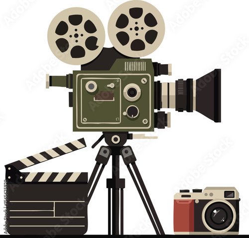 Vintage film camera with clapperboard and retro photo camera vector illustration 