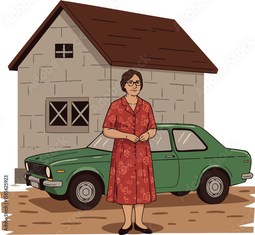 Woman in red dress standing near green car and stone house illustration vector 