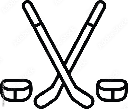 Crossed hockey sticks with pucks line art icon for sports equipment