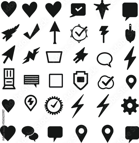 Multipurpose Black and White Icons and Symbols Collection Featuring Arrows, Hearts, Stars, and UI Elements for Web, App, and Graphic Design Projects