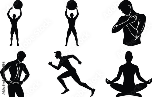 Vector art of collection of male silhouettes showcasing different fitness activities, isolated on transparent background