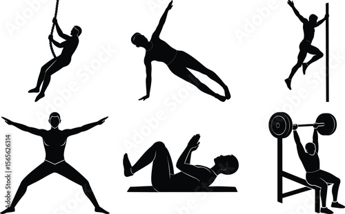 Vector art of collection of male fitness silhouettes in various poses, isolated on transparent background