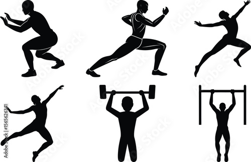 Vector art of silhouettes of men engaged in various fitness activities, isolated on transparent background