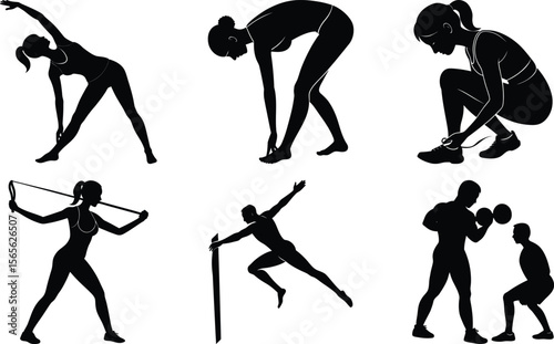 Vector art of collection of diverse fitness silhouettes, isolated on transparent background