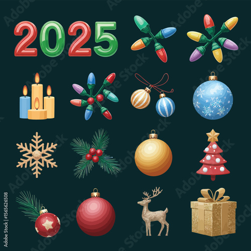 vector Happy New Year Celebrating 2025 in Latin letters , Christmas Decoration Items Santa Claus
