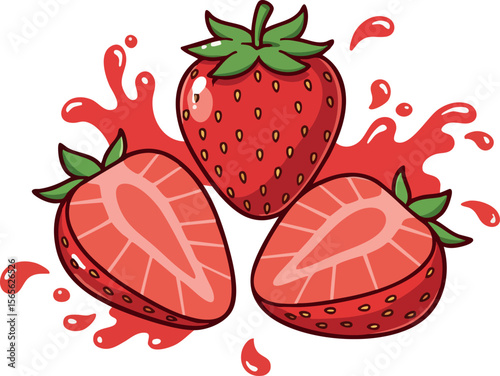 Strawberry fruit with splash juice illustration in red ripe juicy style vector 