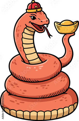 Red snake holding golden ingot wearing Chinese hat vector illustration design 