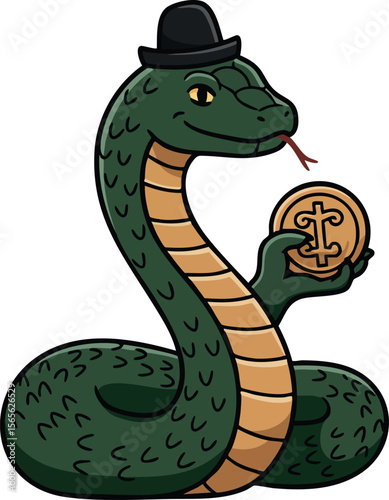 Snake wearing black bowler hat holding ancient coin vector illustration 