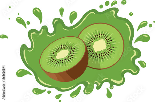 Kiwi fruit sliced with green juice splash fresh vitamin food vector illustration 