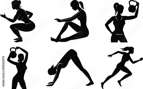Vector art of silhouettes of women performing various fitness exercises, isolated on transparent background