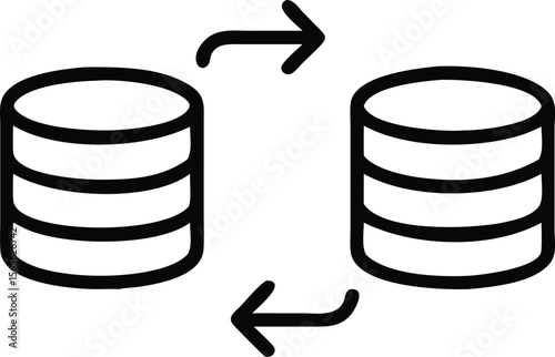 Data synchronization illustration with database storage and arrows in a simple line style