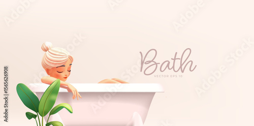 Girl in white bathtub, tropical leaves, 3D. For relaxation, body care concepts. Modern light banner for body care products concepts. Vector illustration.