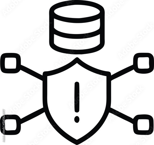 Database with shield and exclamation mark connected to network nodes in line art style