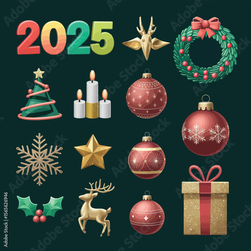 vector Happy New Year Celebrating 2025 in Latin letters , Christmas Decoration Items Santa Claus
