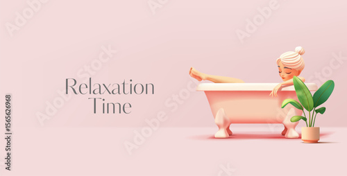Relaxation time, cute girl taking a bath, 3D character. Body care, lifestyle, leisure, advertising of body care products, and rest. Vector illustration.