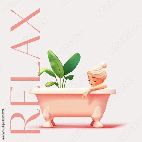 3D character of a young woman taking a bath. For lifestyle concepts. rest, relaxation. Body care. Bathroom. Vector illustration.
