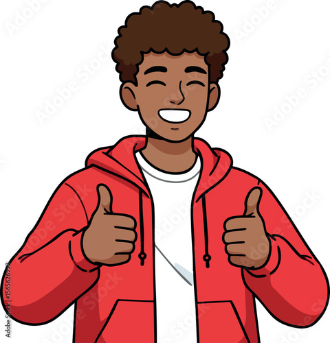 Smiling young man giving thumbs up gesture in red hoodie vector illustration 