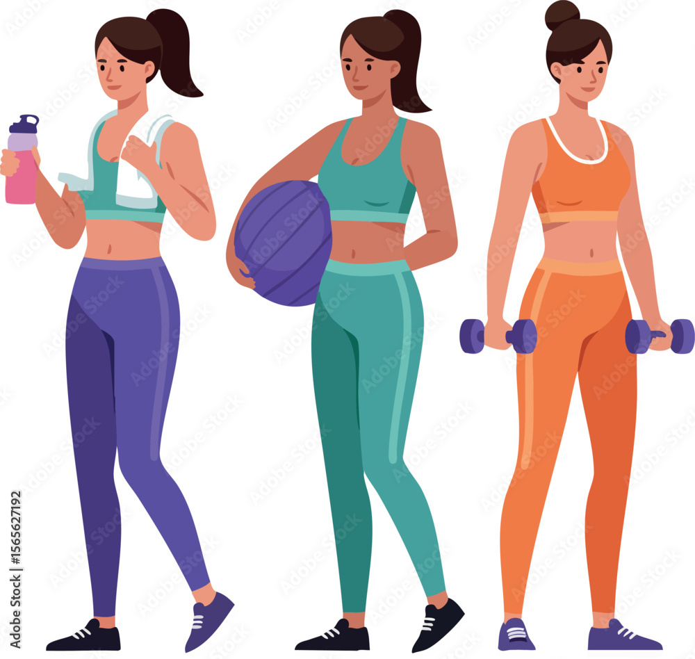 Women Exercising with Weights and Ball in Colorful Sportswear Fitness Activity Vector Illustration Women Exercising with Weights and Ball in Colorful Sportswear Fitness Activity Vector Illustration
