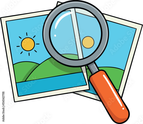 Magnifying glass inspecting landscape photos with sun and hills vector illustration 