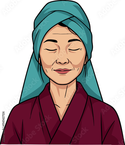 Elderly woman with teal headscarf and maroon robe peaceful expression vector portrait 