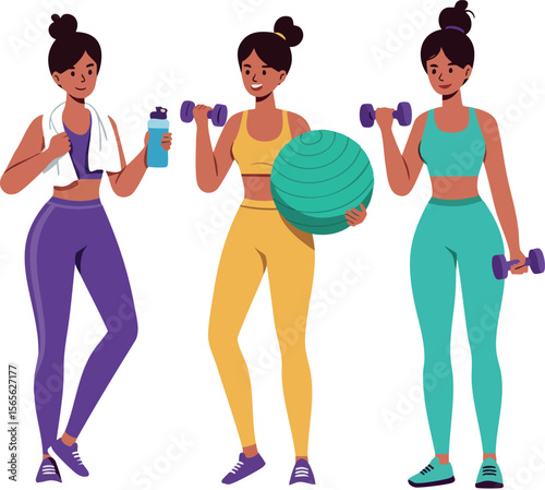 Women exercising with dumbbells and fitness ball in colorful activewear vector illustration 