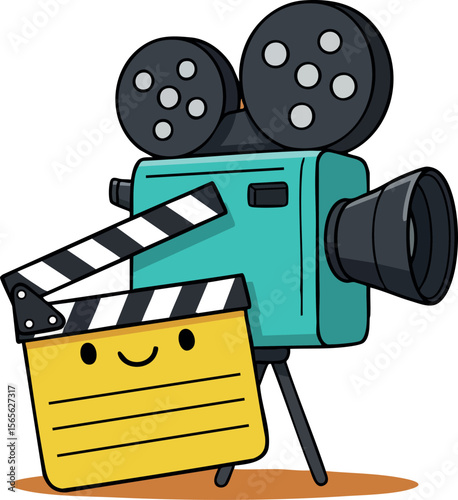 Vintage film camera with smiling clapperboard vector illustration design 