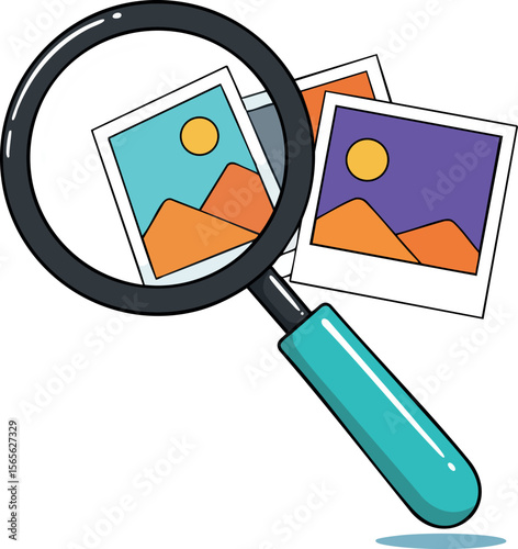 Magnifying glass inspecting colorful photo prints illustration with blue handle and scenic images vector 