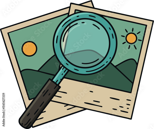 Magnifying glass examining landscape photographs with sun and mountains natural scenery vector illustration 