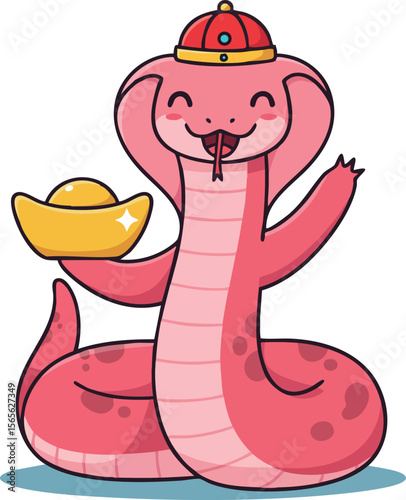 Pink cartoon snake holding gold ingot with traditional Chinese hat vector illustration 