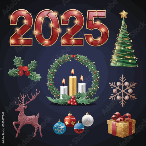 vector Happy New Year Celebrating 2025 in Latin letters , Christmas Decoration Items Santa Claus
